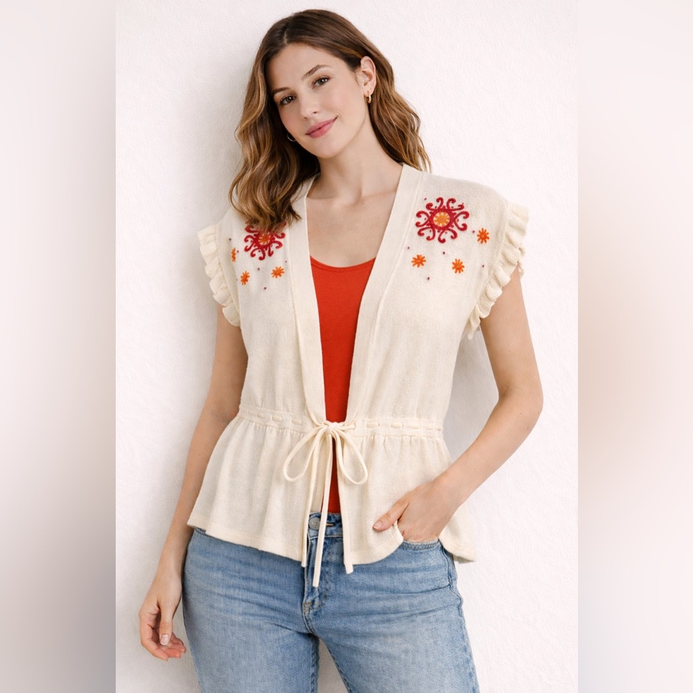 Tommy Hilfiger Cream Embroidered Tie Front Peplum Top Boho‎ Small Vest/blouse